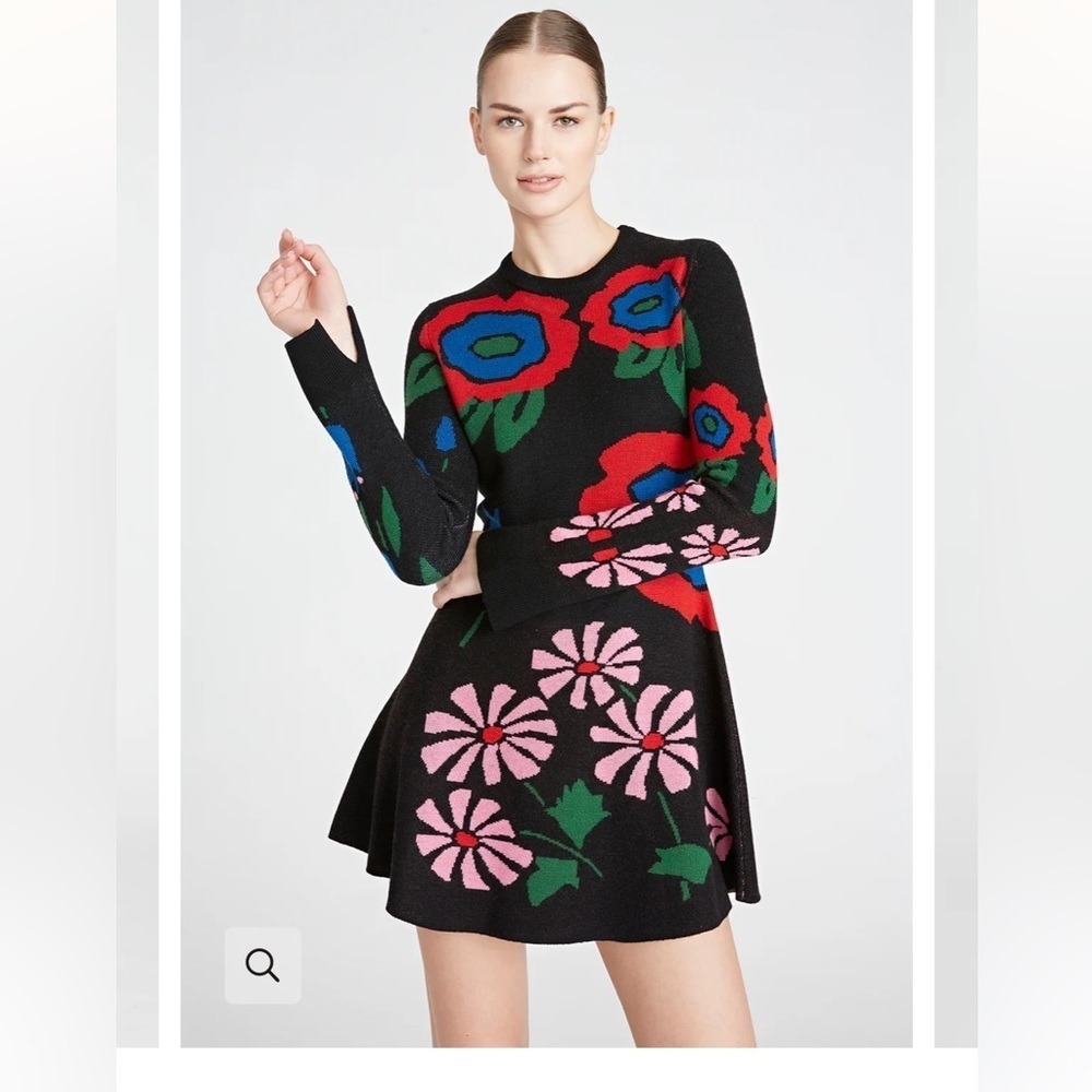 AMUR Nataly Merino Wool Fit and Flare Floral Jacquard Long Sleeve Sweater Dress